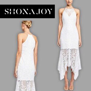 Shona Joy, Lace High Neck Handkerchief Midi Dress, White